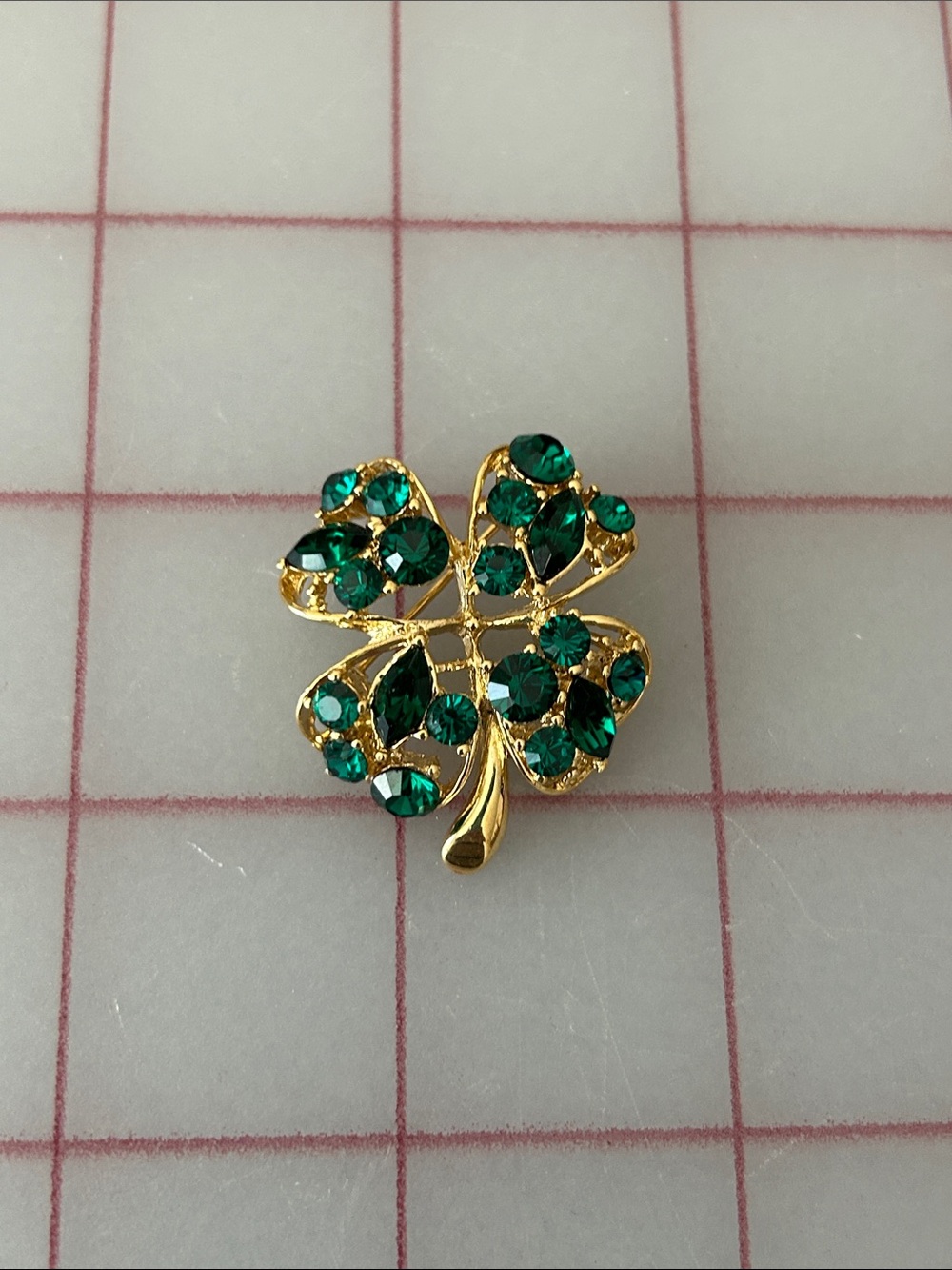 Gold-Tone Four-Leaf Clover Brooch with Emerald Green Crystals